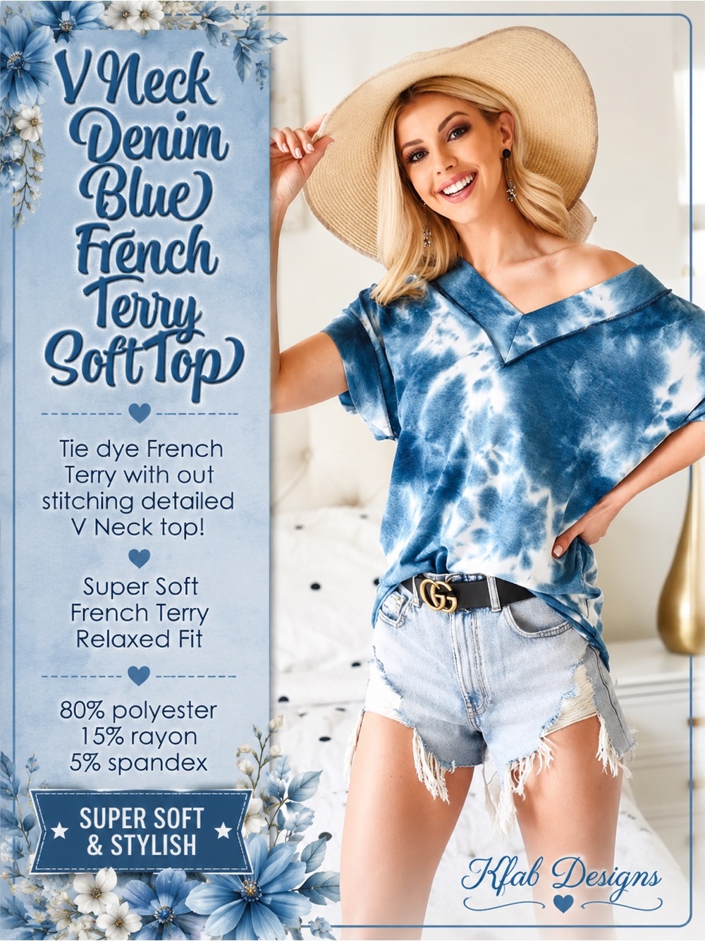 V NECK DENIM BLUE TIE DYE FRENCH TERRY SOFT TOP NEW